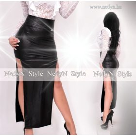   NedyN fekete bőrhatású  szoknya oldalán nyitott maxi szoknya 