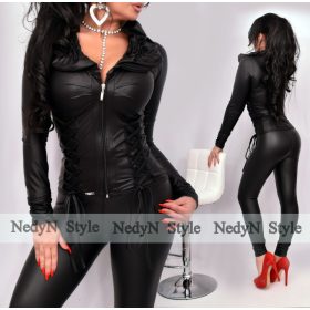   NedyN fekete színű elasztikus bőrhatású fűzős blézer kardigán