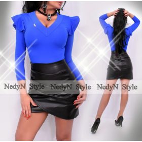   NedyN királykék poliamid V-kivágott női felső vállánál hullám fodros