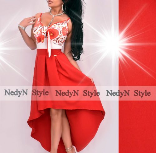 NedyN Piros színű elöl rövidebb hátul hosszabb alkalmi női szoknya