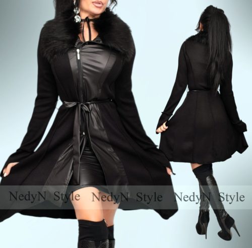 NedyN fekete  kötött műbőr betétes szőrmés cipzáros női kardigán 