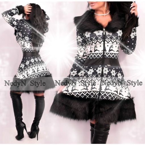 NedyN norvég mintás női ruha fekete műszőrmével