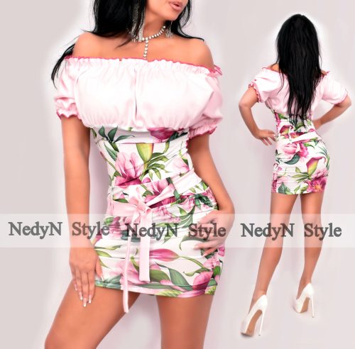 NedyN rózsaszín ciklámen virágmintás vállra húzható húzott női ruha