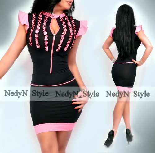 NedyN fekete neon pink 3 fodros női ruha