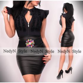 NedyN fekete végig cipzáros 3 fodros női felső