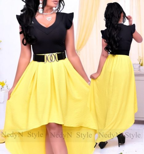 NedyN fekete színű v kivágott POLIAMID felső vállánál hullám fodros