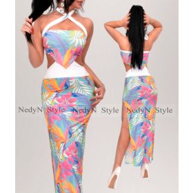 NedyN színes pálma mintás oldalán nyitott maxi női ruha