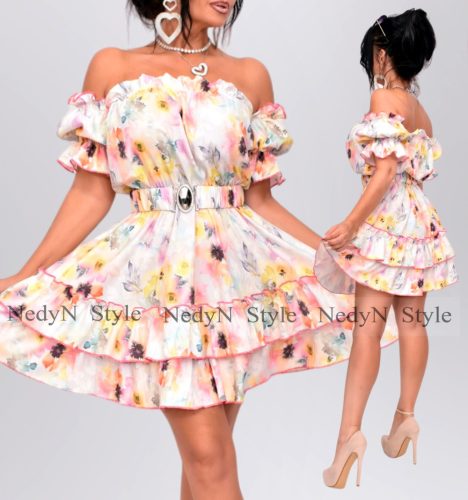 NedyN Színes virág mintás női RUHA ÖVVEL