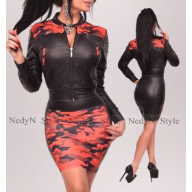   NedyN piros terep fekete bőrhatású cipzáros női blézer és szoknya szett