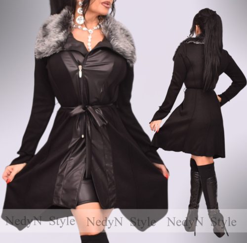 NedyN fekete kötött cipzáros műbőr betétes szőrmés kardigán Szürke szőrmés