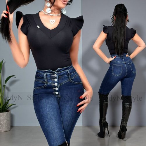 NedyN fekete színű v kivágott felső vállánál hullám fodros