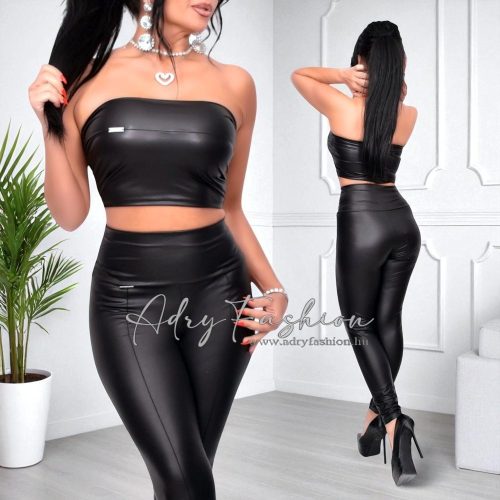 NedyN fekete bőrhatású tűzött legging magas derekú és mini csőtop szett