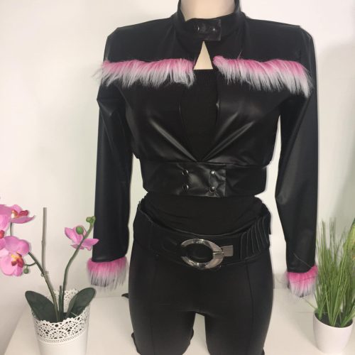 NedyN fekete bőrhatású patentos mini BLÉZER pink szőrmés