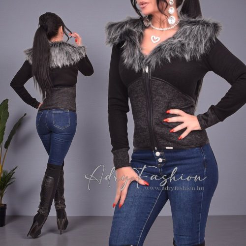 NedyN fekete grafit kötött kardigán szürke szőrmével