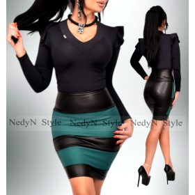   NedyN fekete V kivágott poliamid női felső vállán hullámfodros