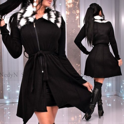 NedyN fekete kötött cipzáros kardigán fekete fehér szőrmével