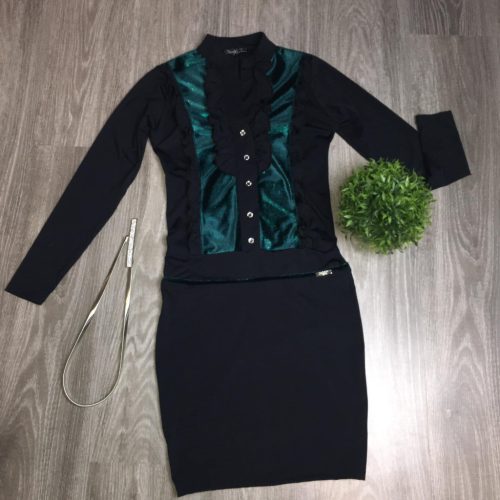 NedyN fekete zöld csillogós plüss betétes zsabós alkalmi ruha