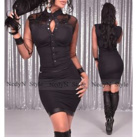 NedyN fekete tüll ujjú flitteres patentos alkalmi ruha