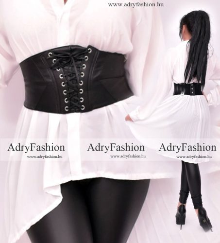 Fekete színű műbőr fűzős gumis öv hátul patentos