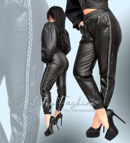 Fekete műbőr nadrág fényes strassz díszes sportos női nadrág