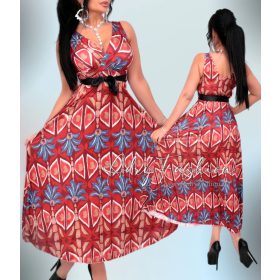 Bordó kék mintás maxi ruha szatén szalaggal