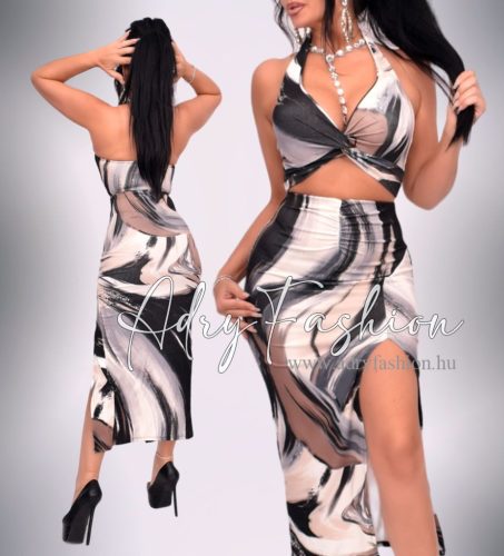 Fekete szürke bézs mintás bordás felső szoknya SZETT