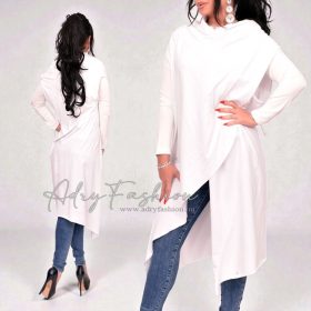   Fehér színű ujjatlan pamut hosszított aszimmetrikus mellény