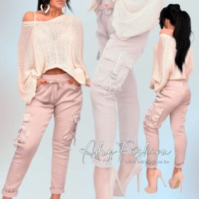 Bézs színű oldalt zsebes csatos fényes nadrág