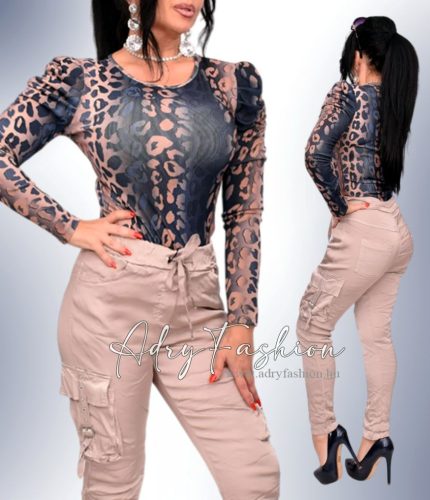 Bézs színű oldalt zsebes csatos fényes nadrág