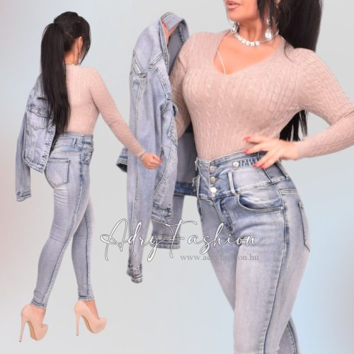 Homok színű V kivágott fonott mintás kötött felső