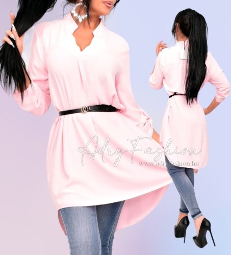 Rózsaszín állógalléros gyűrt hatású női ingruha övvel