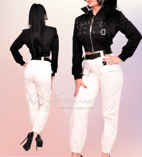 Bézs színű sportos női nadrág fekete övvel