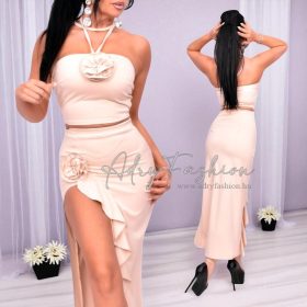 Bézs színű bross díszes top szoknya szett fodros