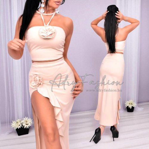 Bézs színű bross díszes top szoknya szett fodros