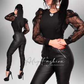 Fekete színű ujjánál csipke díszes bordás felső