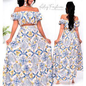 Citrom mintás kék selyem mini felső szoknya SZETT