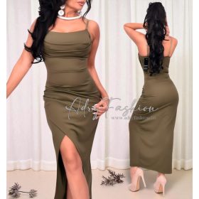 Clarisse Keki színű kámzsás átlapolt alkalmi ruha 