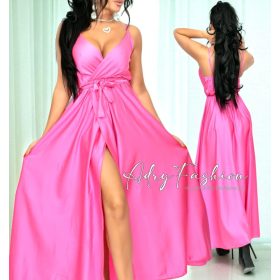 Iza Pink szatén fényes átlapolt női ruha megkötővel