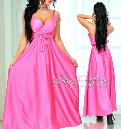 Iza Pink szatén fényes átlapolt női ruha megkötővel