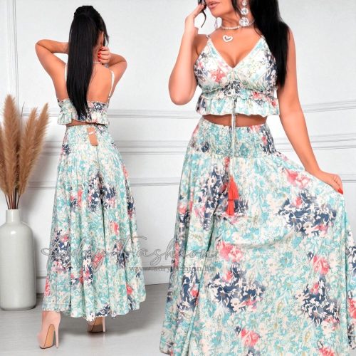 Türkiz arany pink mintás top és nadrág selyem szett 