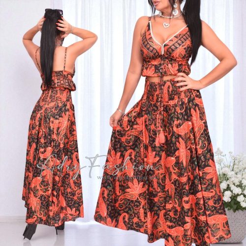 Carmen Piros arany fekete mintás top és nadrág selyem szett 