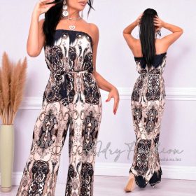 Kamilla Sötétkék barna mintás női overál megkötővel