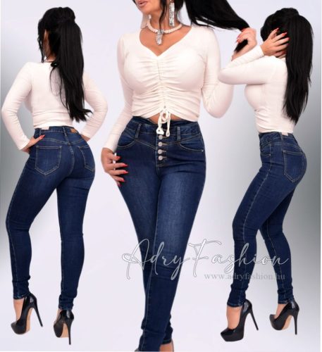 Indigó kék magas derekú gombslicces farmernadrág