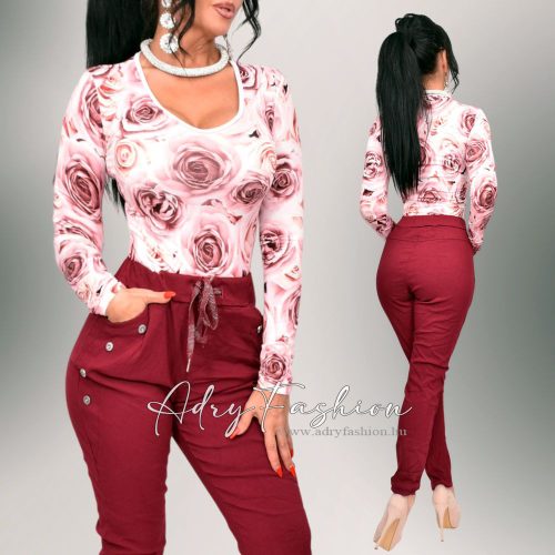 Bordó színű gombdíszes zsebes női nadrág