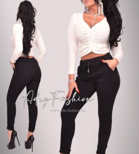 Fekete zsebes madzagos női nadrág