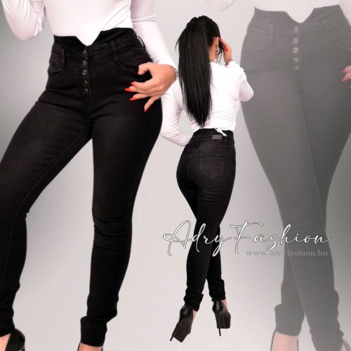 Fekete magas derekú gombslicces farmernadrág