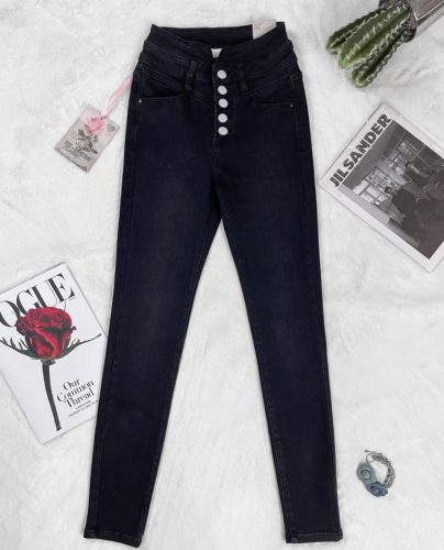 Fekete magas derekú gombslicces farmernadrág