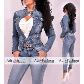   Közép Kék koptatott cipzáros állógalléros farmerdzseki XS-es