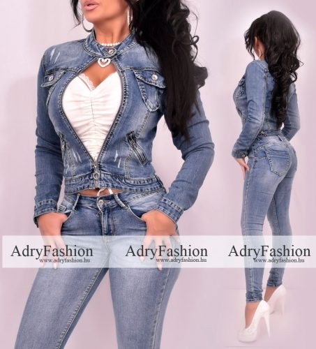 Közép Kék koptatott cipzáros állógalléros farmerdzseki XS-es