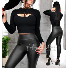 Fekete matt elöl tűzött műbőr legging